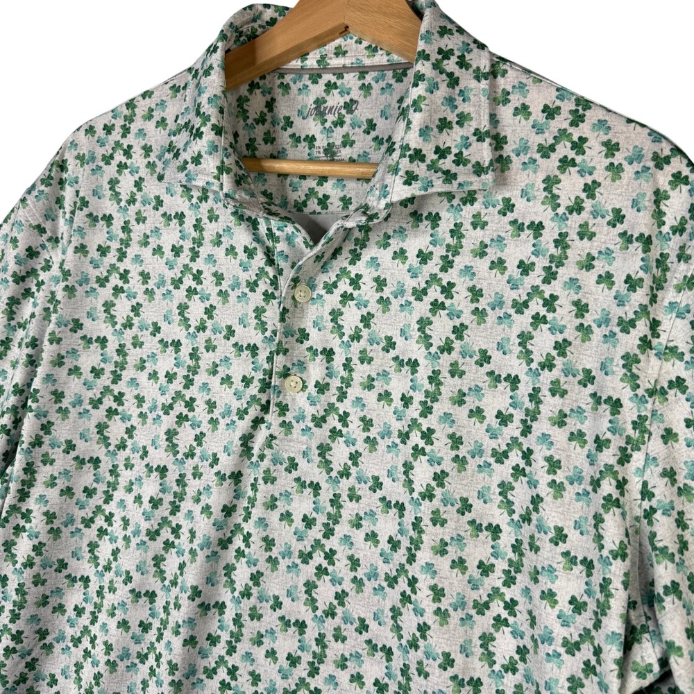 johnnie-O Mens Large Shamrock Clover Golf Polo Shirt Talking Rock White Green